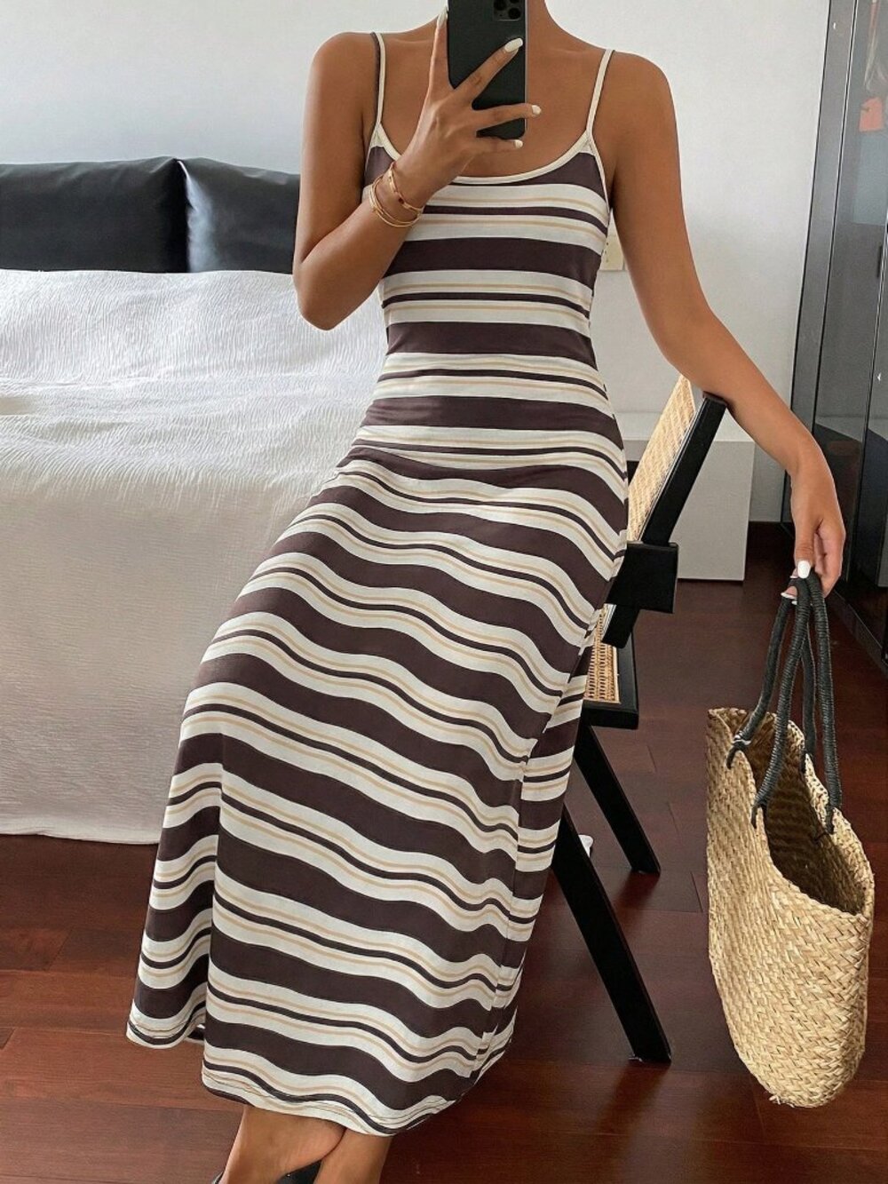 Khaki Casual Women's Striped Beach Vacation Dress - Picture 5 of 5